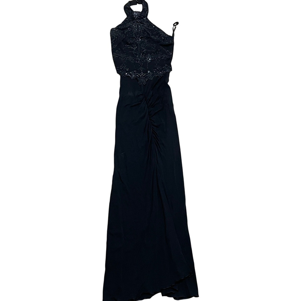 VTG‎ Kitty Black Beaded Halter Neck Maxi Dress Formal Gown Style 2772 Women's S